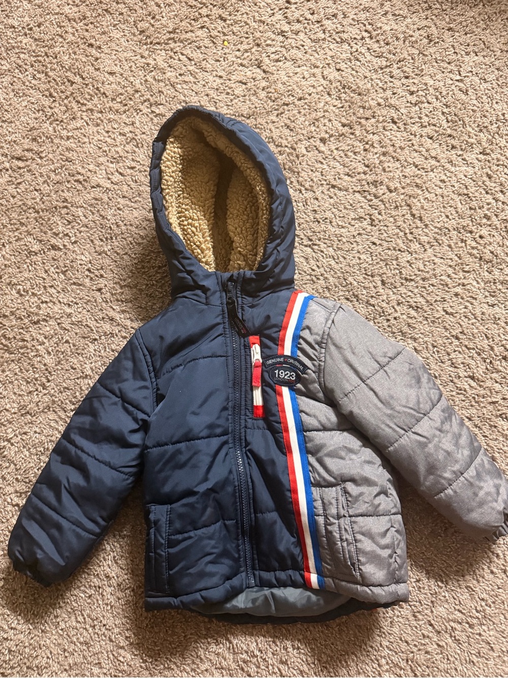 London Fog Toddler Puffer Jacket in Navy with Gray & Red Accents